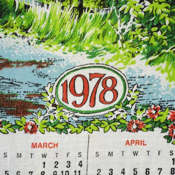 Vintage 1978 Red Covered Bridge in Spring/Summer w/ Flowers Calendar Tea Towel - Picture 5 of 8